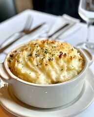 White bowl of mashed potatoes with parsley on top