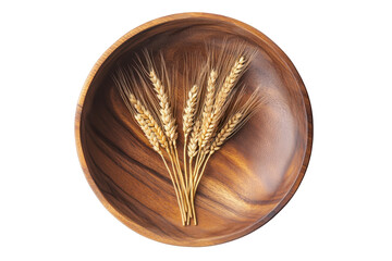 Natural wooden bowl of wheat grains image on white background for healthy food and farm concepts