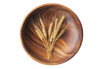 Natural wooden bowl of wheat grains image on white background for healthy food and farm concepts