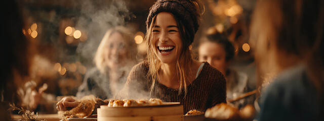 Obraz premium warm photograph of people enjoying freshly steamed dumplings at a table