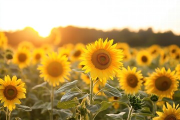 Obraz premium Close-up of sunflower field at sunrise