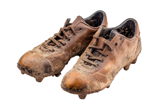 Worn muddy soccer cleats pair resting alone isolated clearly on clean white background surface