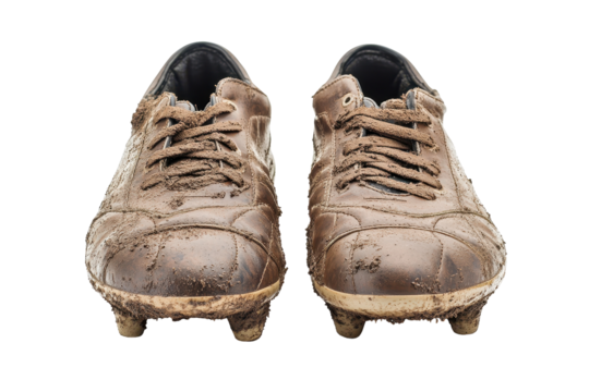 Dirty soccer cleats used in tough game shown isolated on a bright white studio background
