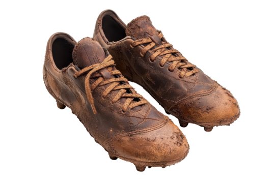 Worn muddy soccer cleats pair transparent image clearly isolated on clean bright white background