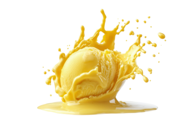 Yellow ice cream scoop or ball with splash of lavender isolated on clean white background png