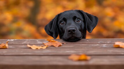 Black Labrador Puppy on a Wooden Table in Autumn
