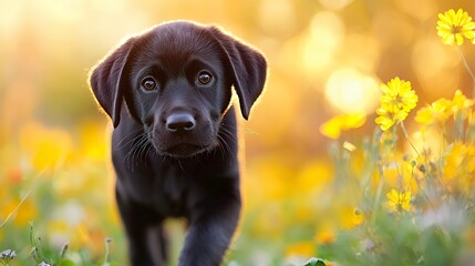 Black Labrador Puppy Walking in Golden Sunlight