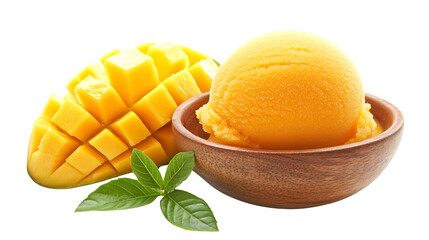 Delicious Mango Sorbet Scoop in Bowl on White Background