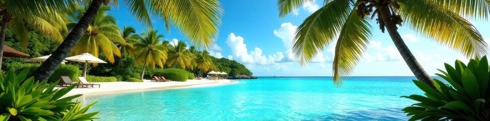 Towering palms frame turquoise waters at a luxurious resort , perspective, plant