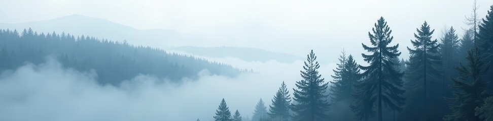 Obraz premium Towering pines pierce thick fog, stark white above , mystery, fog
