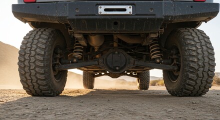 Rugged trucks undercarriage in dusty terrain