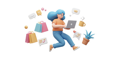 Cartoon woman with blue hair using laptop surrounded by shopping bags and chat bubbles on black background