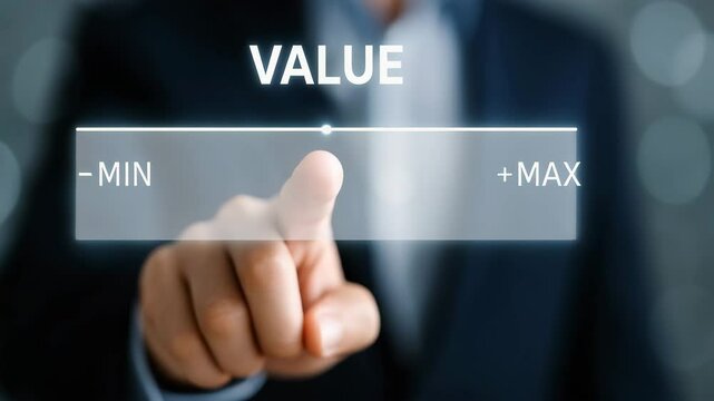 A businessman adjusts value between minimum and maximum on a digital scale.