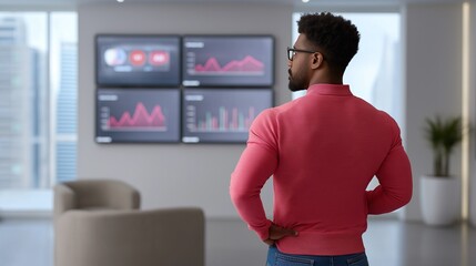 A data scientist, standing in front of multiple large screens displaying complex graphs and charts, analyzing big data insights in a high-tech office environment, with modern office