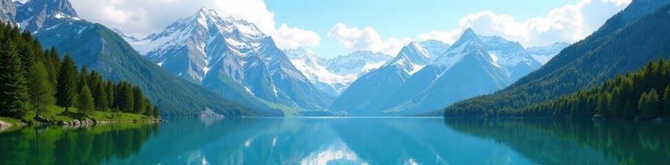 Fototapeta premium Towering snow-covered mountains dominate serene alpine lake Lush evergreens , summit, mountains, pristine
