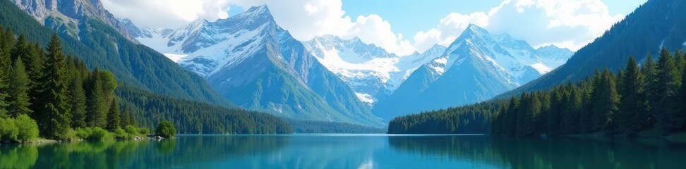 Towering snow-covered mountains dominate serene alpine lake Lush evergreens , image, summit