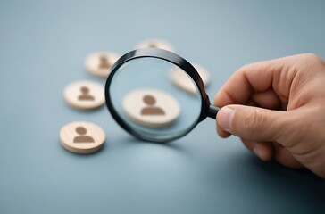 Strategic Talent Acquisition Magnifying Glass Reveals Ideal Candidate Among Wooden Person Icons