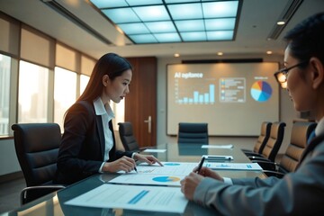 AI Governance Review: Forties East Asian Woman Executive Analyzing Compliance Data on Interactive Glass Table in Corporate Boardroom Environment