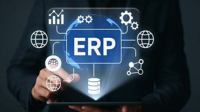 A person interacting with an ERP system interface showcasing data and connectivity.