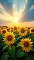 Towering sunflowers in a vast field, facing the sun , bright, field, vibrant