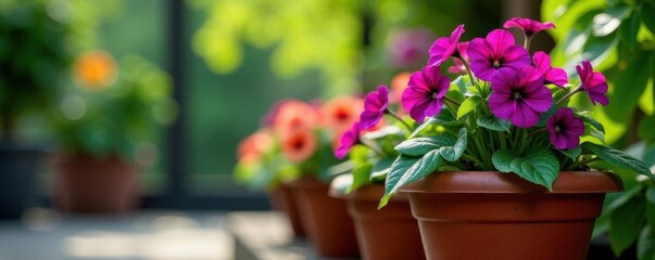Fototapeta premium Trailing purple calibrachoa overflowing terracotta pot, closeup, plant pot