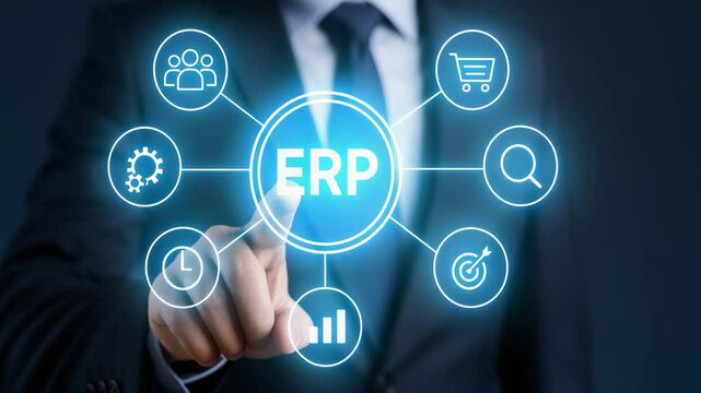 Business professional interacting with ERP software interface for better management.
