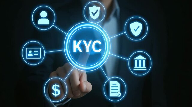 Businessman interacts with digital KYC symbols for identity verification.