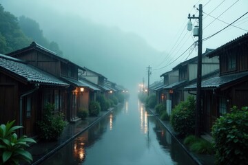 Tranquil rain, traditional houses, misty cityscape, house, street, background