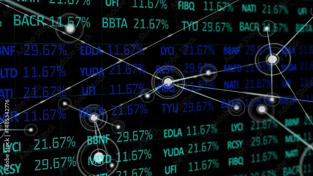 Poster displaying white circular nodes linking teal, blue ticker codes with percentage values on dark grid