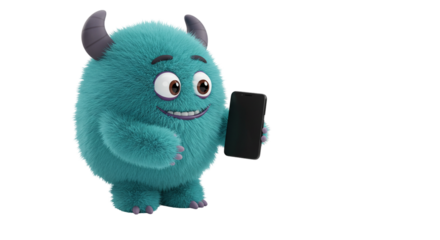 A fluffy blue monster holding a black smartphone with a smile on a black and white background