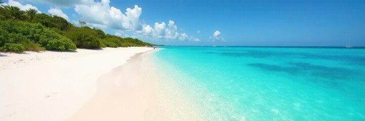 Naklejka premium Turquoise water laps pristine white sand at Long Bay, Anguilla , holiday, sea, tropical beach
