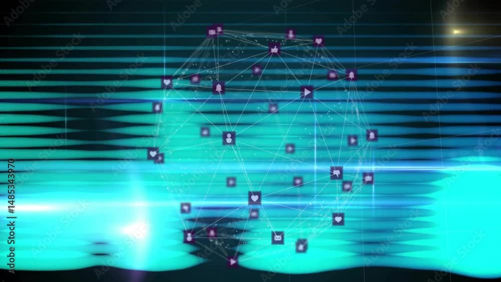 Poster interconnected digital cluster animating data flow over teal blue gradient with square icons
