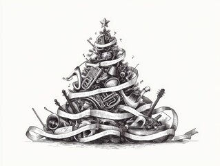 Monochrome musical instrument Christmas tree illustration.