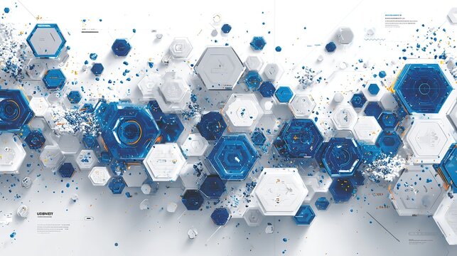 Futuristic vector design with blue hexagon and arrow elements, white background cyberpunk flat illustration