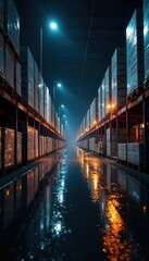 Fototapeta premium Twilight warehouse loading; wet boxes reflect lights, steel, dock