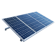Graphic representation of a solar panel array set on a metal framework.  The panels have a dark blue surface with a light-colored grid pattern.