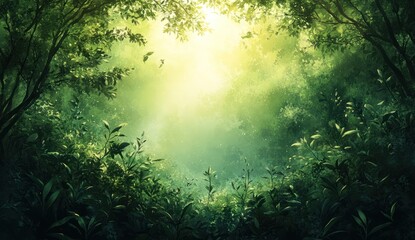 Lush, vibrant forest scene bathed in ethereal light.