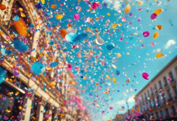 Fototapeta premium a vibrant cascade of colorful confetti fills the blue sky between historic buildings in a celebratory street scene.