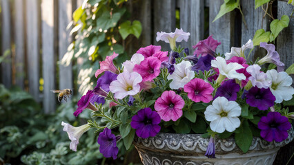 A beautiful vibrant display of colorful petunia flowers in a stone planter with a bee