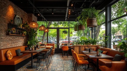 Fototapeta premium Cozy and inviting restaurant interior featuring lush greenery, warm lighting, and stylish decor for an enjoyable dining experience