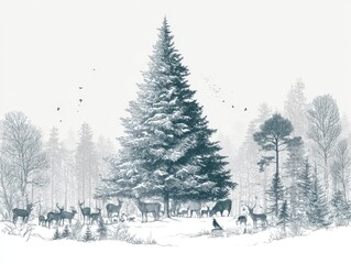 Obraz premium Winter forest scene with snowy trees and animals.