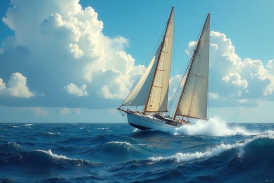 Two masts straining under powerful headwind, spray flying , sea, rough sea, mast