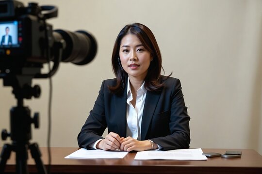 East Asian Woman, 30s, Legal Professional, Delivers Expert Testimony on AI Regulations in Professional Video Deposition Studio, Speaking to Camera