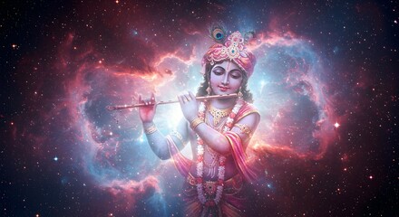 Krishna Playing Flute in Cosmic Nebula, Divine Harmony and spiritual