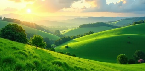 Fototapeta premium Undulating green hills, sun-drenched valleys, distant trees, picturesque, perspective