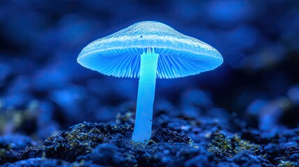 A close-up view of a mushroom with a grayish-blue cap and a glowing underside,
