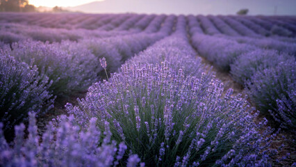 Obraz premium Beautiful field of blooming lavender plants under the soft light of the early morning