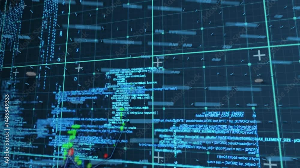 Aufkleber Data visualization displaying floating code on neon grid highlighting colored clusters in 3D render
