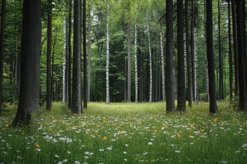 Peaceful forest floor with flowers and grass