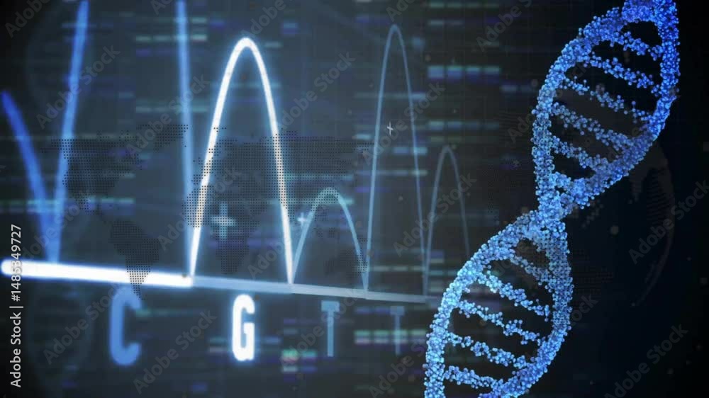 Aufkleber blue dna helix 3d render rotating on grid overlay, showing blue waveform graphs and binary bars
